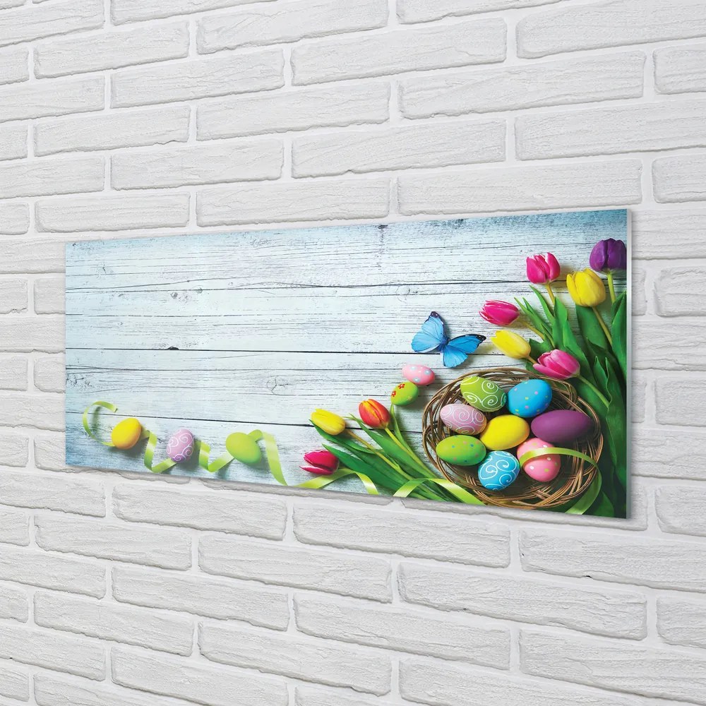 Obraz na akrylátovom skle Eggs tulipány motýľ 120x60 cm