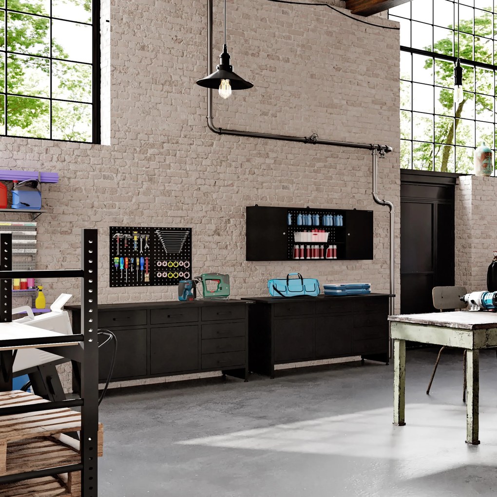 Visiaca dielenská skrinka s perforovanou doskou, čierna, 1600x600x200 mm: LEO All Black
