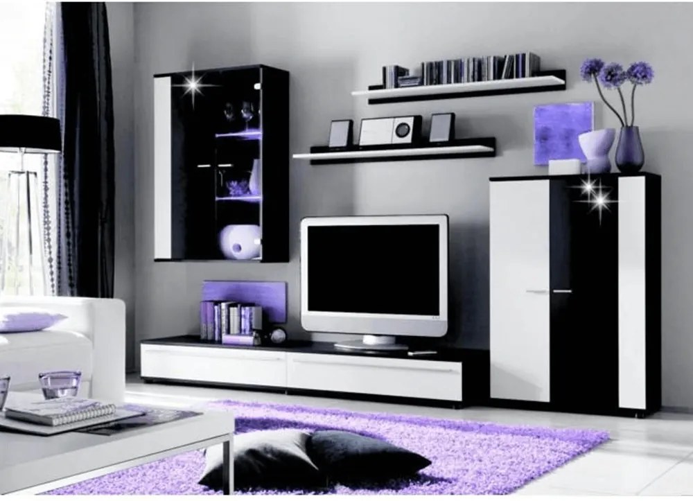 Obývacia stena, s LED osvetlením, biela/čierna extra vysoký lesk HG, CANES NEW