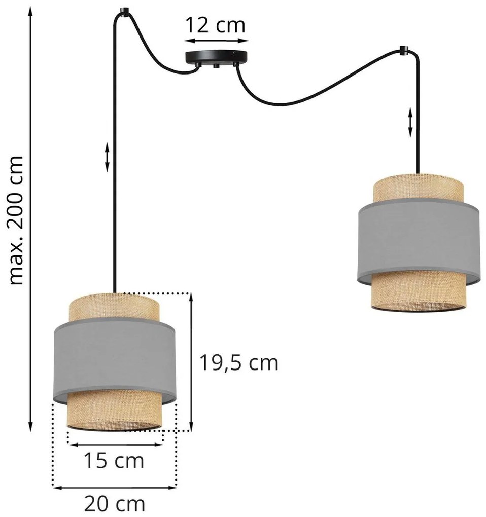 Závesné svietidlo BOHO SPIDER, 2x jutové/sivé textilné tienidlo