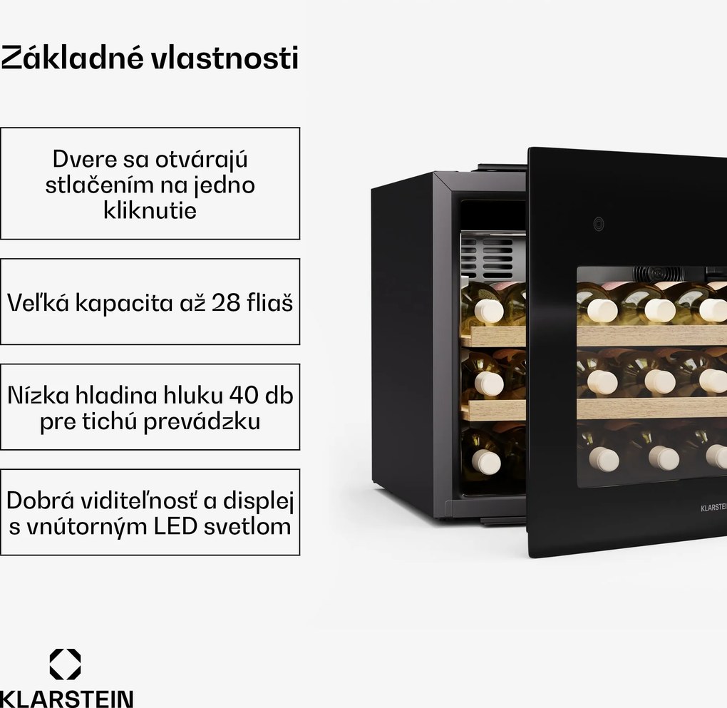 Klarstein Rhone 28 Uno chladnička na víno, 28 fliaš, LED ovládanie, push-to-open, tichá