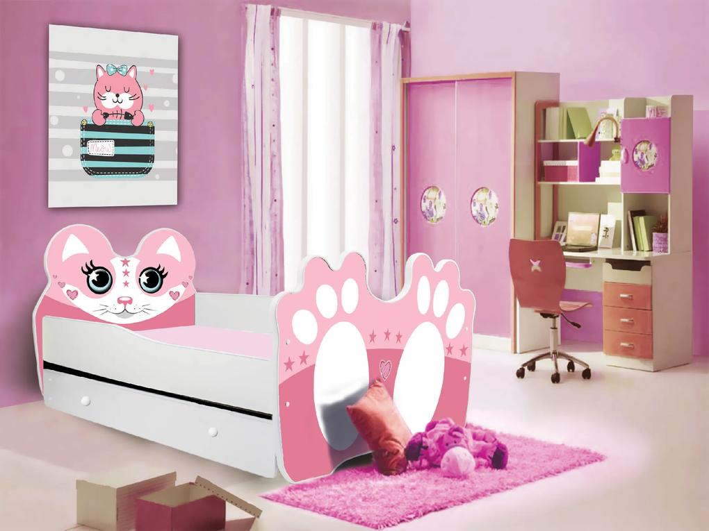 Detská posteľ zvieratko 140x70 so zásuvkou Farba: bielo / ružová mačička