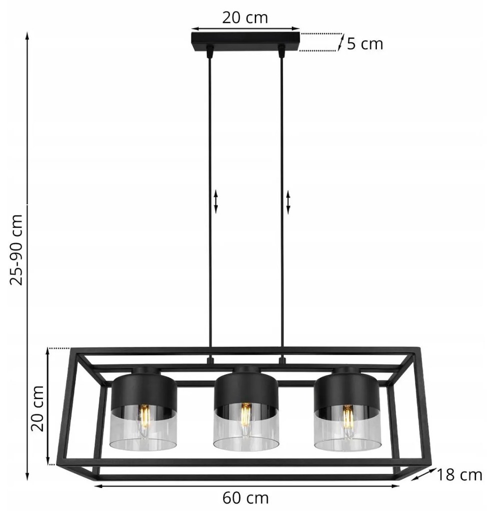 Závesné svietidlo Roma cage, 3x čierne/transparentné sklenené tienidlo v kovovom ráme