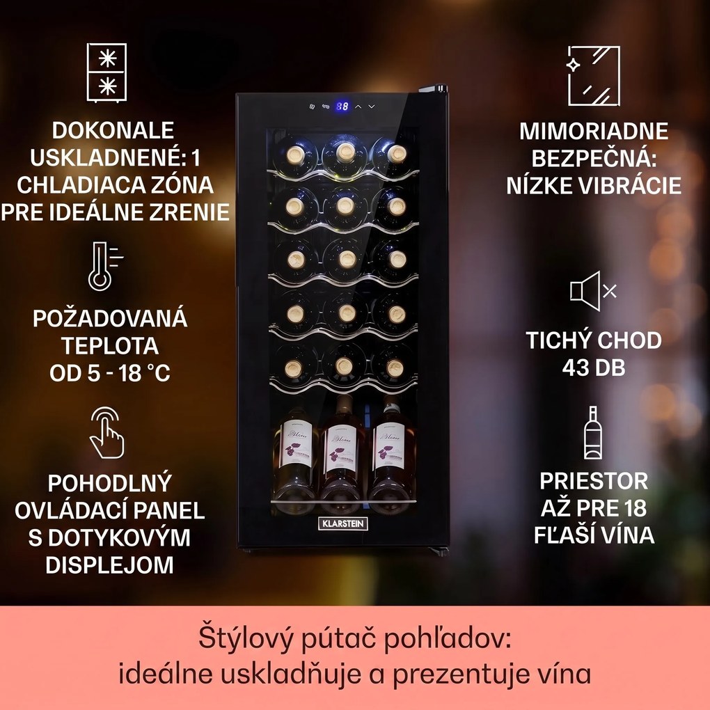Klarstein Shiraz 18 Uno, vinotéka, 50 l, 18 fliaš, 5-18°C, dotykový ovládací panel