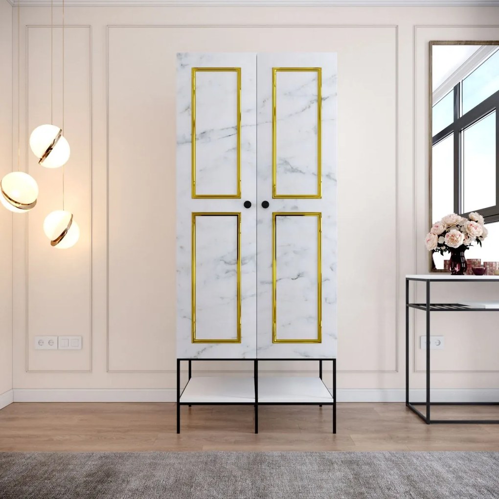 Šatníková skriňa Martin I 84 cm biela mramor/zlatá