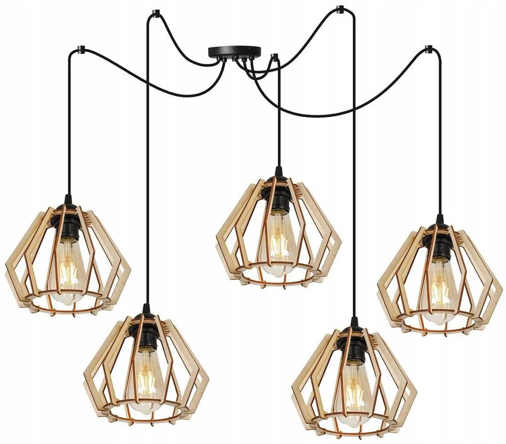Závesné svietidlo Timber Spider, 5x drevené tienidlo