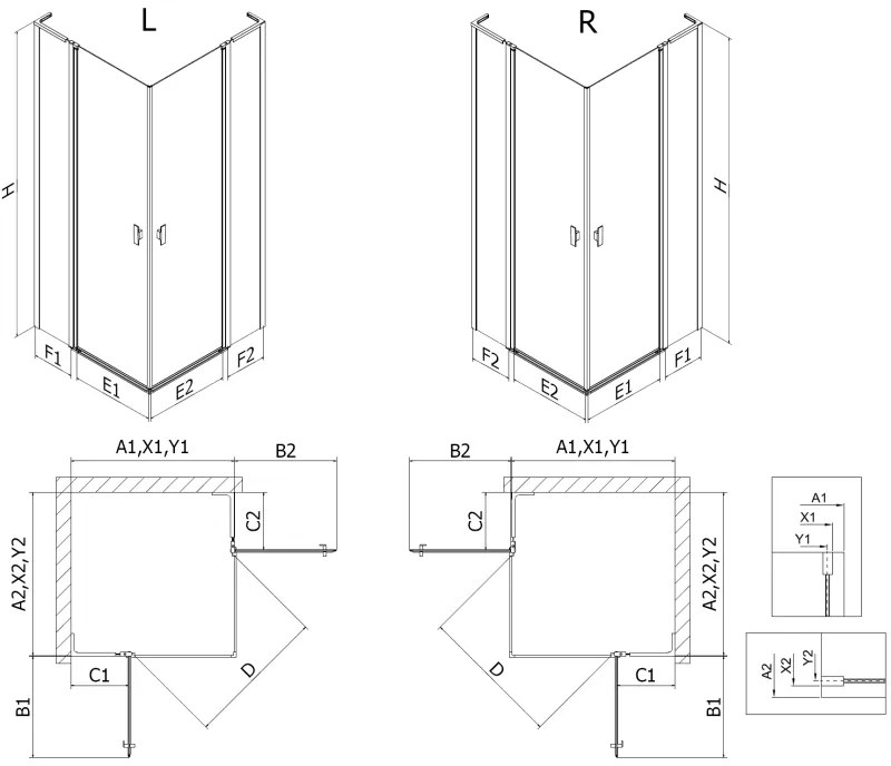 Mexen, Mexen Mist L Duo výklopný sprchový kút 100 x 90 cm, priehľadný, čierny - 8A4L-100-090-70-00