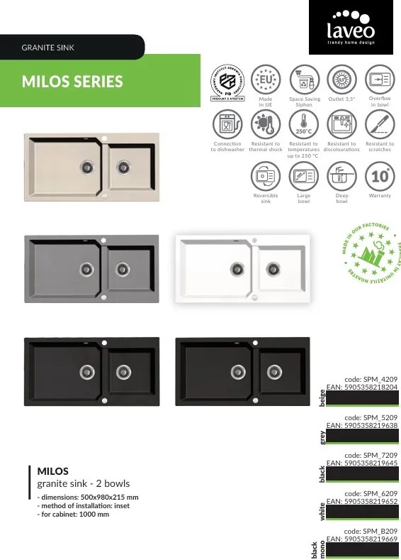 Kuchinox Milos, 2-komorový granitový drez 980x500x215 mm + sifón, biela matná, LAV-SPM_6209