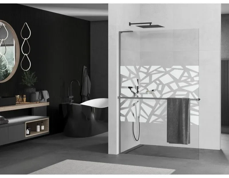 Mexen Kioto+ L, sprchová zástena Walk-In s poličkou a vešiakom 70 x 200 cm, 8mm číre sklo biely vzor, grafitový profil, 800-070-123-95-85