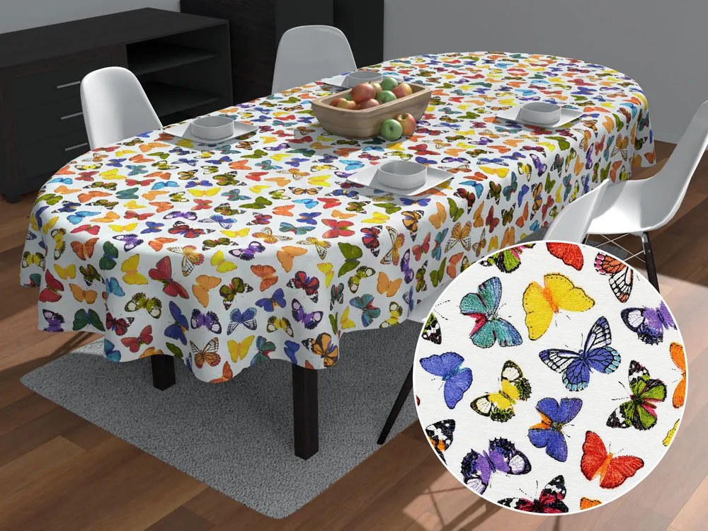 Biante Dekoračný oválny obrus Leona LN-062 Farebné motýliky na bielom 130x200 cm