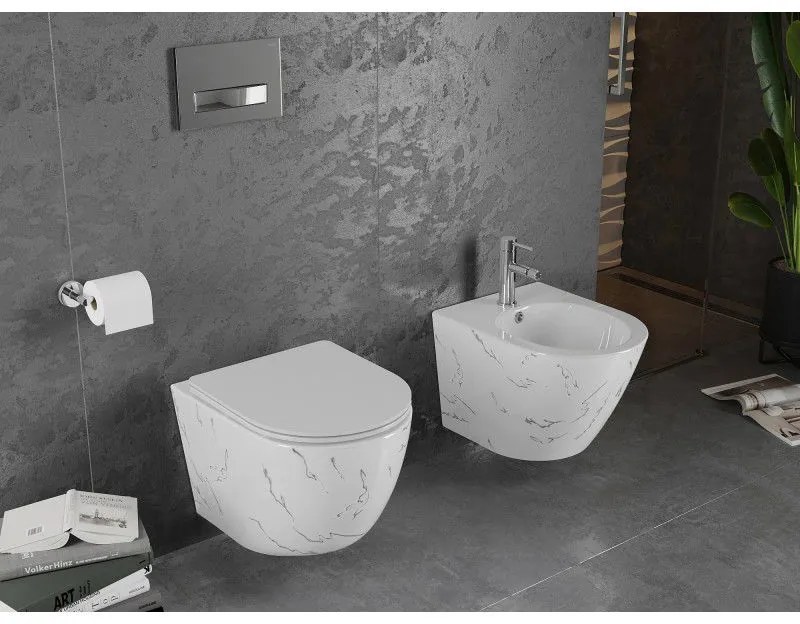 Mexen Lena, závesná WC misa Rimless s duroplastovým sedátkom s pomalým zatváraním, imitácia mramoru-biely kameň, 30224093
