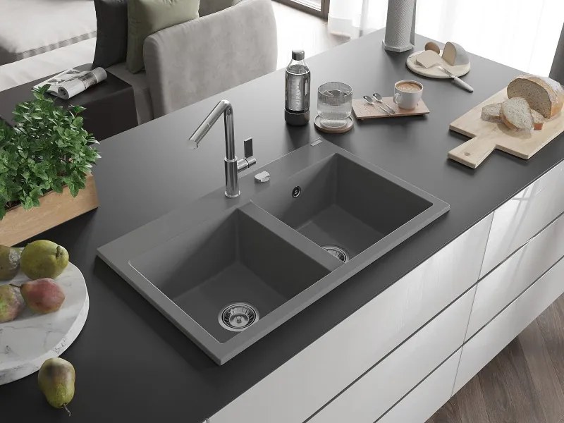 Mexen Hektor žulový drez 2-komorový 800 x 480 mm, sivý, sifón chróm - 6521802000-71
