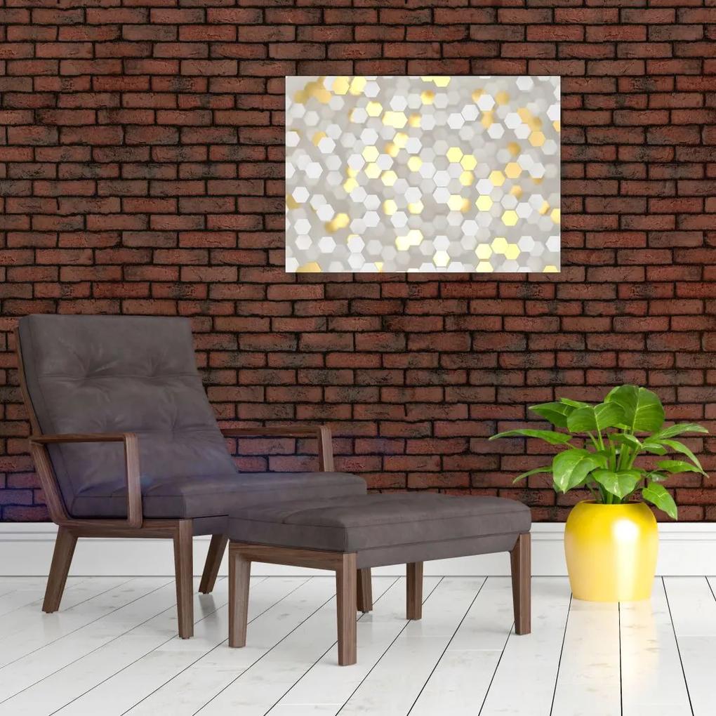 Sklenený obraz - Zlato-biele hexagóny (70x50 cm)