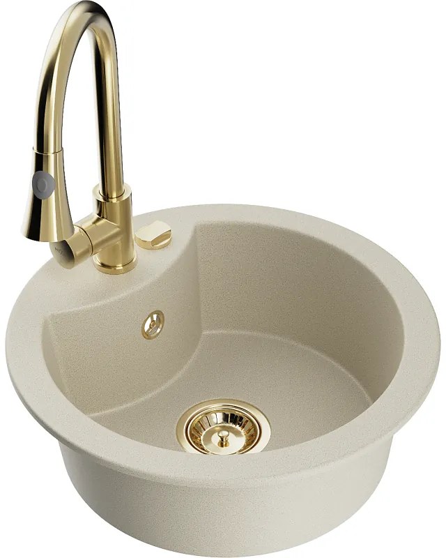 Mexen Diego, 1-komorový granitový drez 488x488x167 mm a drezová batéria Elia, béžová, 6512-69-670101-50
