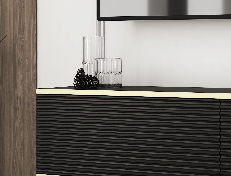 Závesná TV skrinka Orfeo, 135 cm, čierna štruktúra / zlatá