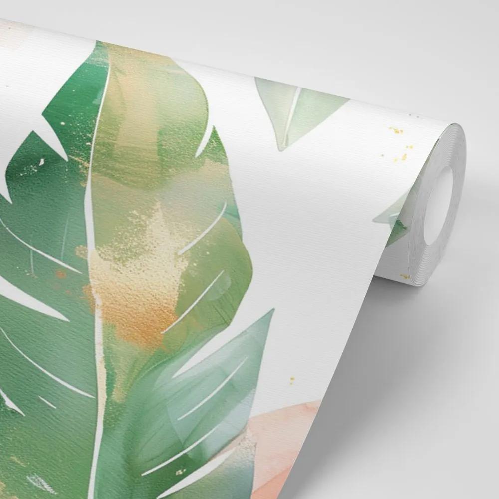 Samolepiaca tapeta akvarelové zeleno-broskyňové listy