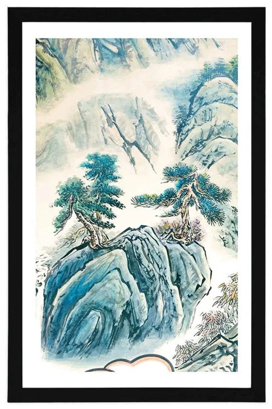 Plagát s paspartou čínska krajinomaľba - 30x45 silver