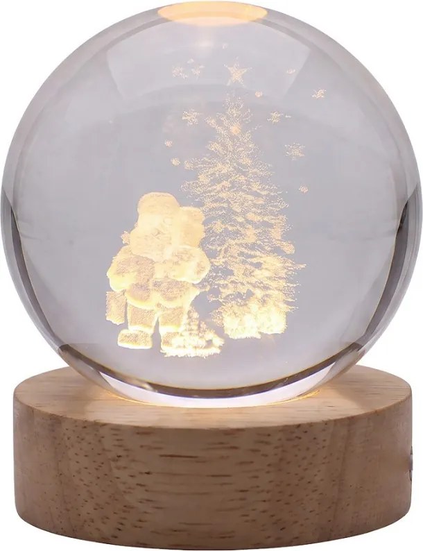 LED stolná lampička na drevenom podstavci - Santa pri stromčeku - Ø 6 cm / USB