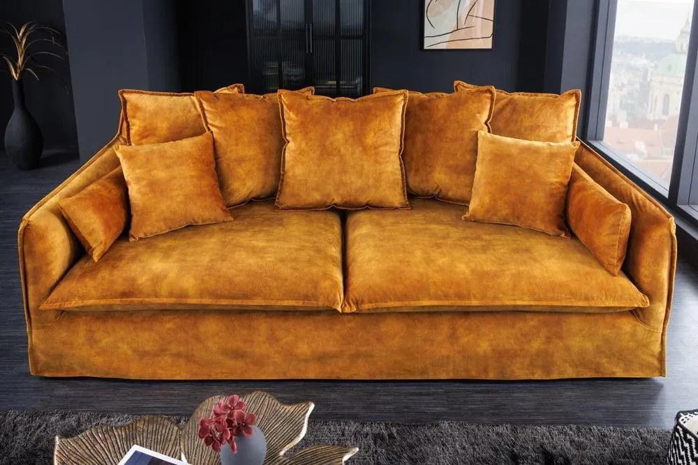Invicta Interior - Pohovka 3-miestna HEAVEN 210 cm, zamat, odnímateľný poťah, horčicovo žltá