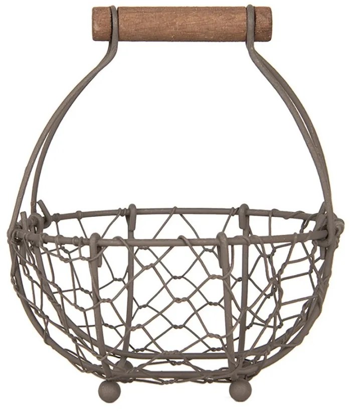 Hnedý drôtený dekoračný košík s dreveným držadlom - Ø 14*7/17 cm