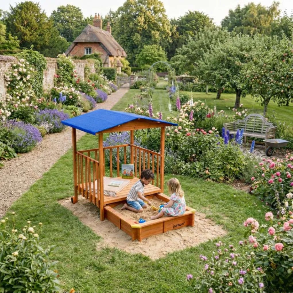 Pieskovisko s verandou SUNNY, 130x130x143cm, hnedá/modrá Jurhan