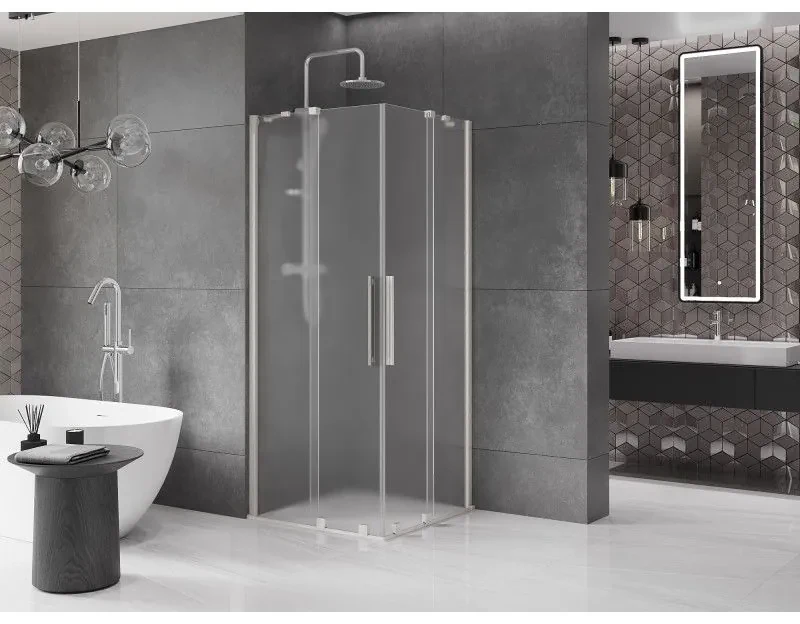 Mexen Velar Duo, sprchový kút s posuvnými dverami 80 x 80 cm, 8mm sklo námraza, brúsená oceľ, 871-080-080-32-97