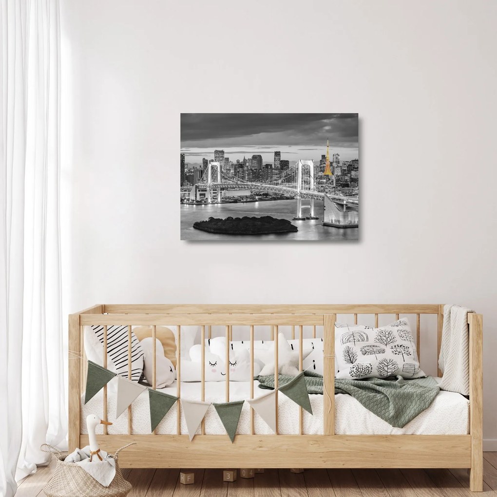 Sklenený obraz - Veľkomesto so žltou vežou (70x50 cm)