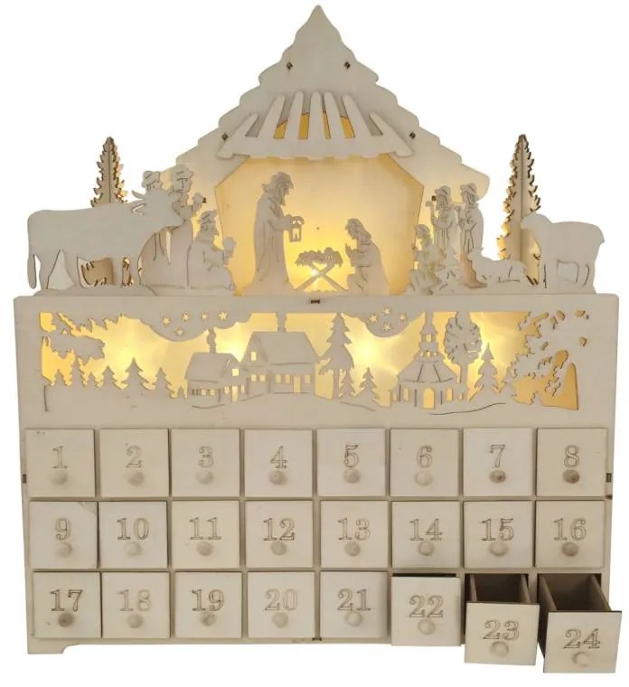 LED adventní kalendář dřevěný betlém, 43 x 8 x 47 cm, na 2× AA