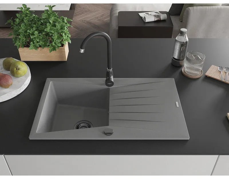 Mexen Cesar, granitový drez 775x470x190 mm, 1-komorový, šedá s čiernym sifónom, 6514771010-71-B