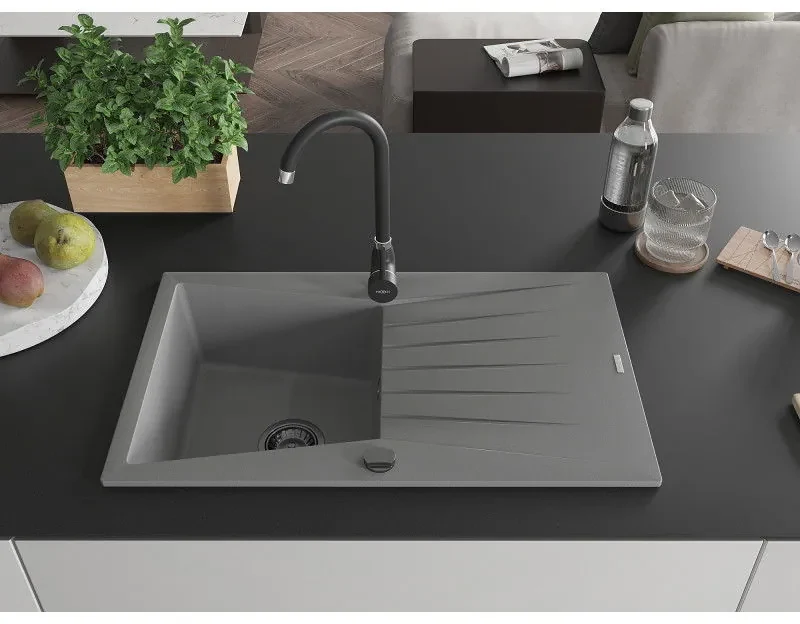 Mexen Cesar, granitový drez 775x470x190 mm, 1-komorový, šedá s čiernym sifónom, 6514771010-71-B