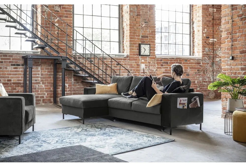 Tmavosivá zamatová rozkladacia rohová pohovka Miuform Lofty Lilly, ľavý roh