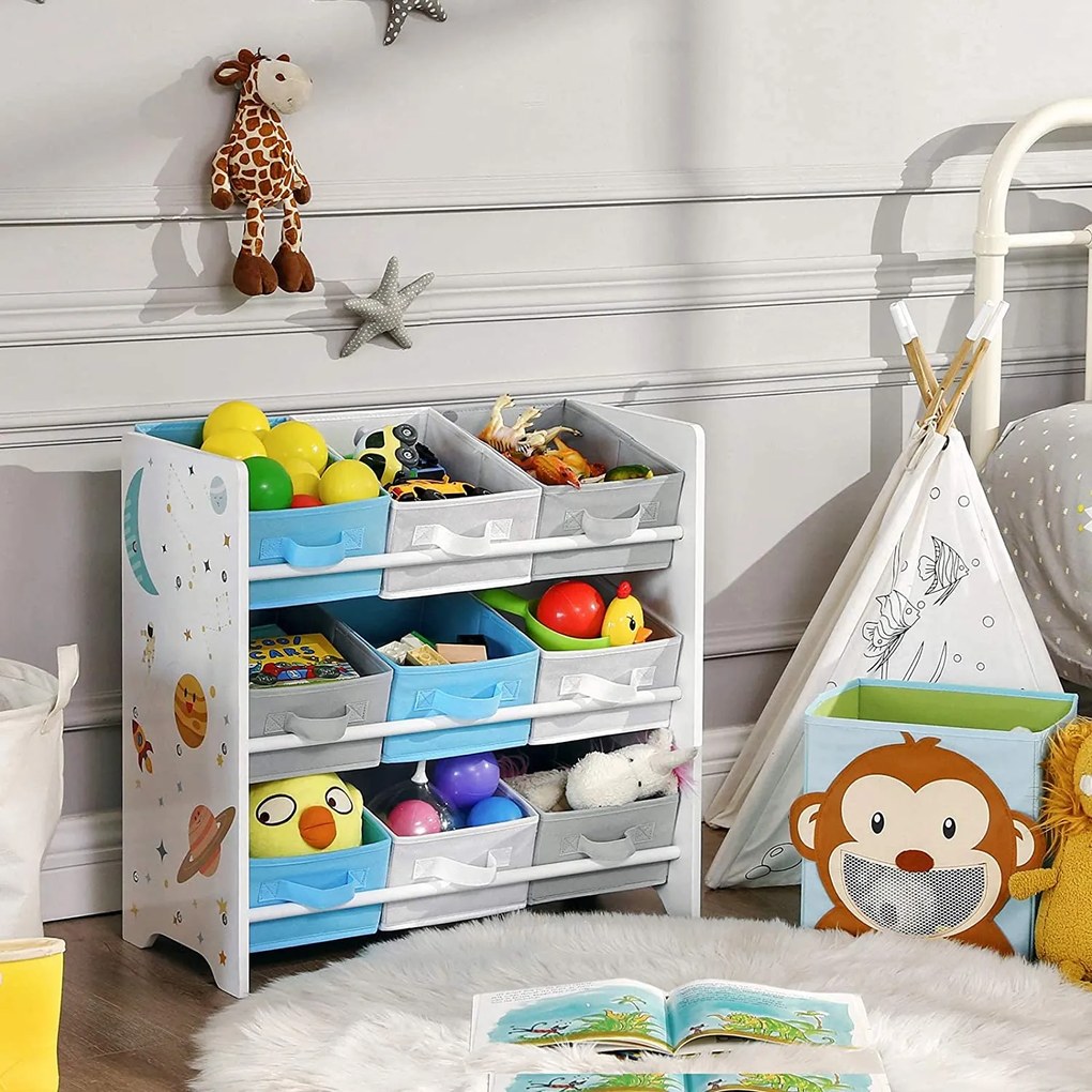 SongmicsHome Regál na hračky VESMÍR, 9 boxov, 62,5x29,5x60cm, biela s nálepkami