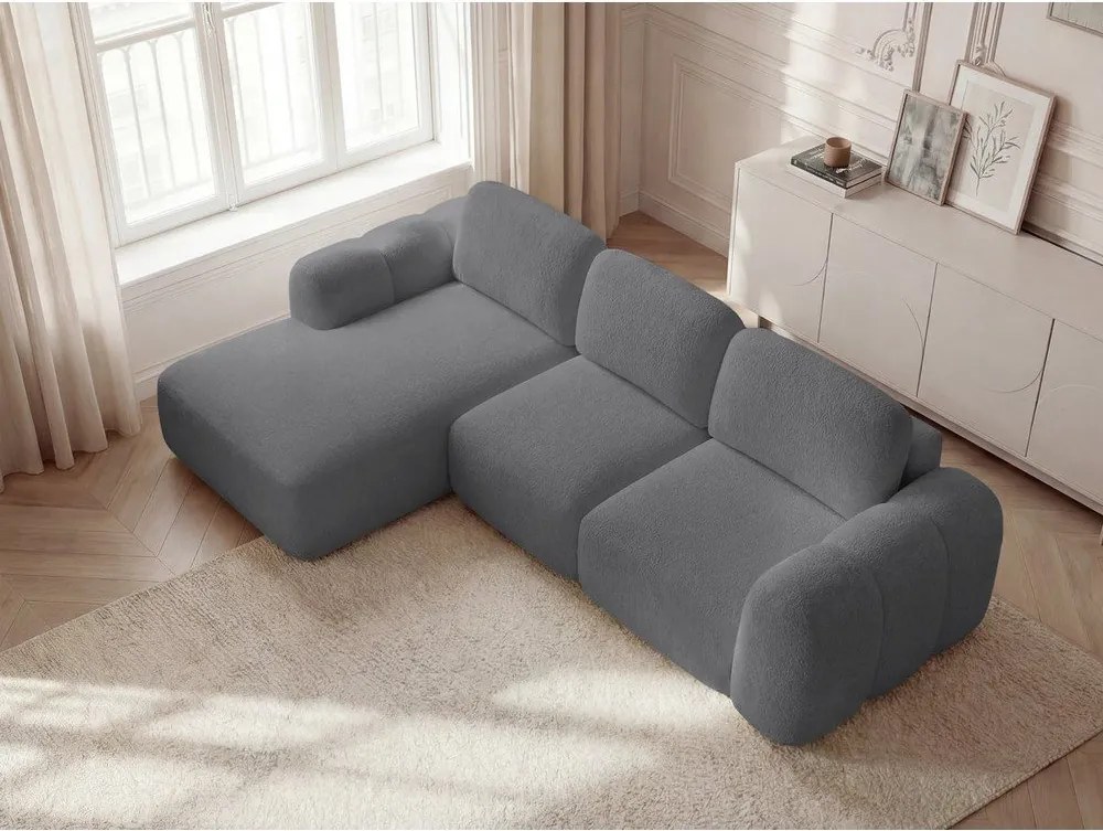 Sivá rozkladacia/s úložným priestorom rohová pohovka z textílie buklé (ľavý roh/s leňoškou) Montaigne – Bobochic Paris