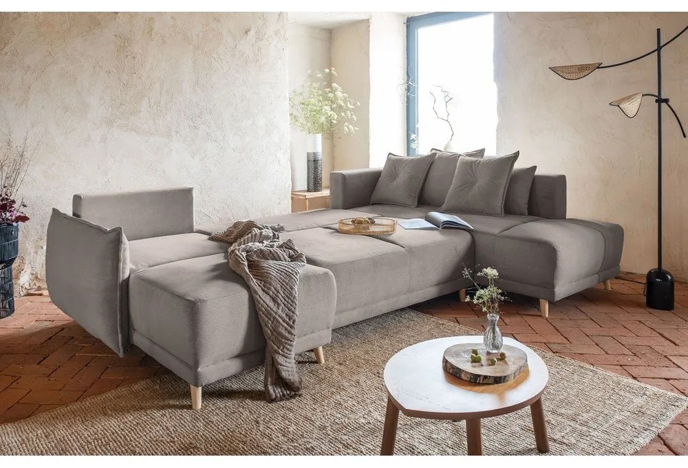 Svetlohnedá menčestrová rozkladacia rohová pohovka (pravý roh/do "U") Lazy Lukka – Miuform