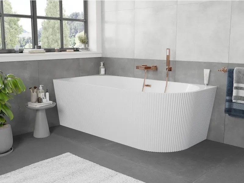 Mexen Silo, rohová voľne stojaca ryhovaná vaňa, ľavá, 150 x 75 cm, biela lesklá, medený matný prepad, 52891507500L-65