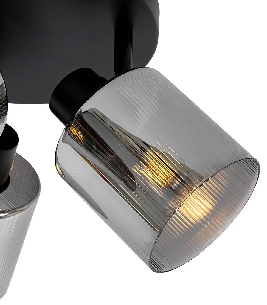 Stropný reflektor čierny s dymovým sklom okrúhly 3-svetlo nastaviteľný - Laura