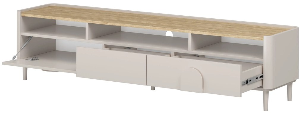 TV stolík Amilio 200 cm so zásuvkami - kašmír / olejovaný dub / úchytky kašmír