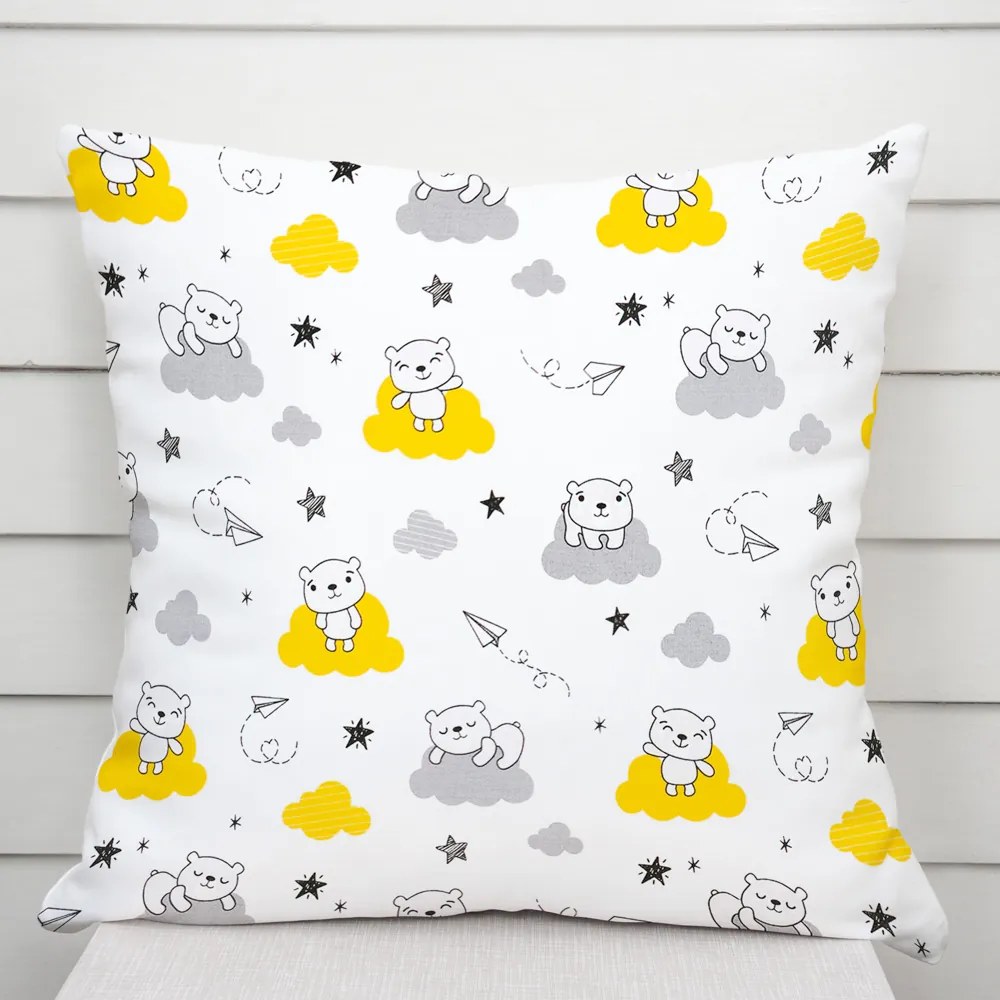 Biante Detská bavlnená obliečka na vankúš Sandra SA-725 Medvedíky na žlto-sivých obláčikoch na bielom 45 x 45 cm