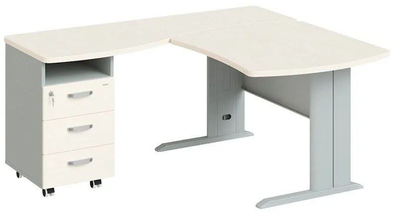 Rohový písací stôl BERN s kontajnerom - dĺžka 1800 mm, kovová podnož, breza