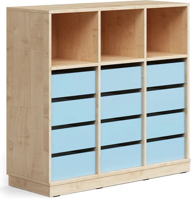 Úložná skrinka CASPER, 12 zásuviek, 3 horné priehradky, so soklom, breza/sky blue