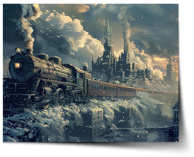 Sablio Plagát Parná lokomotíva v zasneženom meste - 90x60 cm