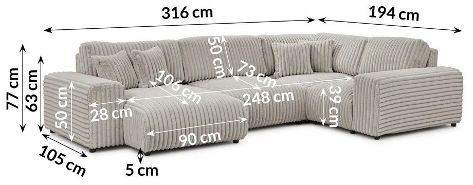 Svetlosivá menčestrová rohová pohovka (pravý roh/do tvaru "U") Justin – Ropez