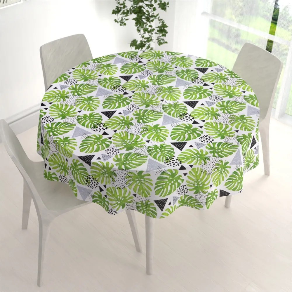 Biante Bavlnený okrúhly obrus Sandra SA-175 Zelené listy Monstera Ø 140 cm