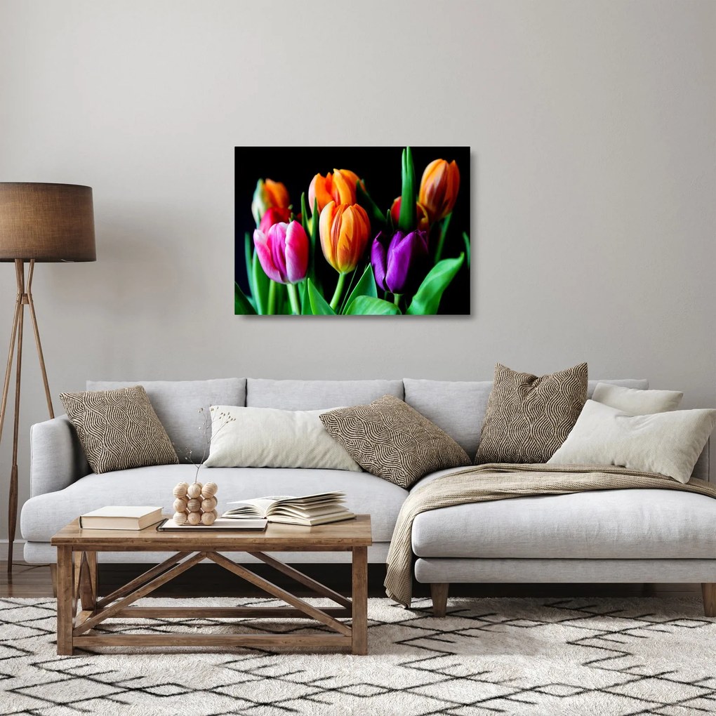 Sklenený obraz tulipánov na čiernom pozadí (70x50 cm)