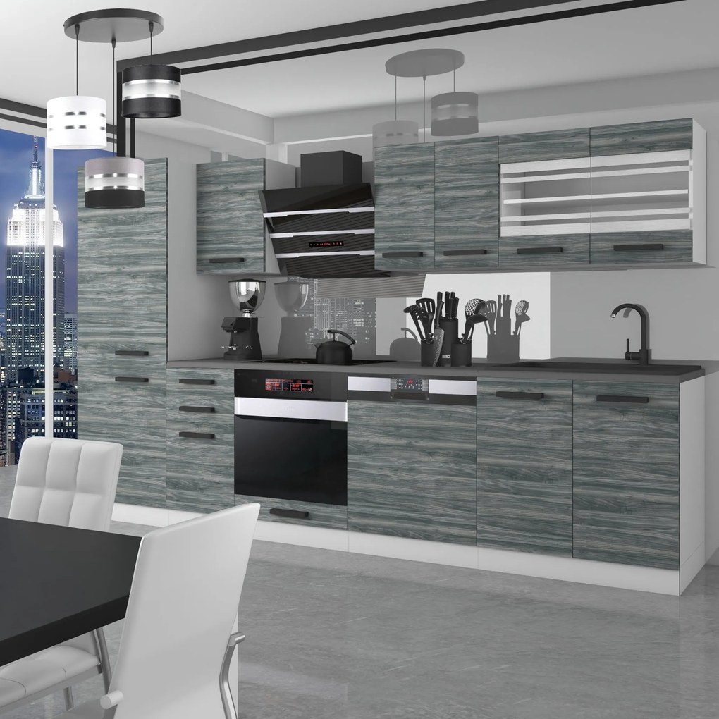 Kuchynská linka Belini Premium Full Version 300 cm šedý antracit Glamour Wood s pracovnou doskou CINDY