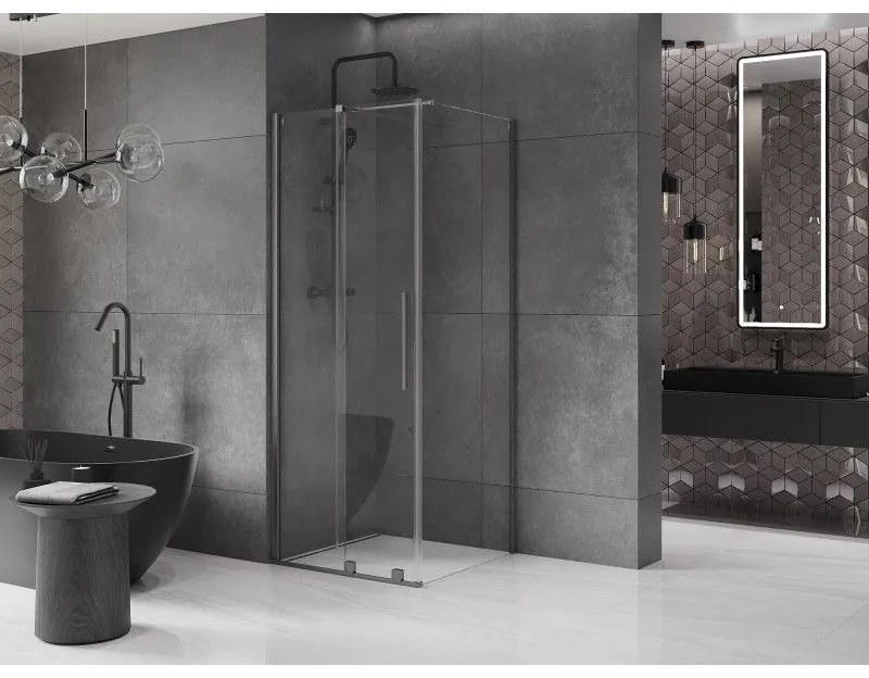 Mexen Velar, sprchový kút s posuvnými dverami 110(dvere) x 110(stena) cm, 8mm číre sklo, grafitová matná, 871-110-110-01-66
