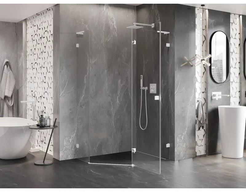 Mexen Lunar, L pravý výklopný päťuholníkový sprchový kút 90 x 80 cm, 8mm číre sklo, biely profil, 831L-090P-080L-20-00-P