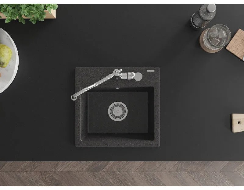 Mexen Milo, granitový drez 435x410x171 mm, 1-komorový a drezová batéria Carla, čierna škvrnitá, 6505-76-670700-00