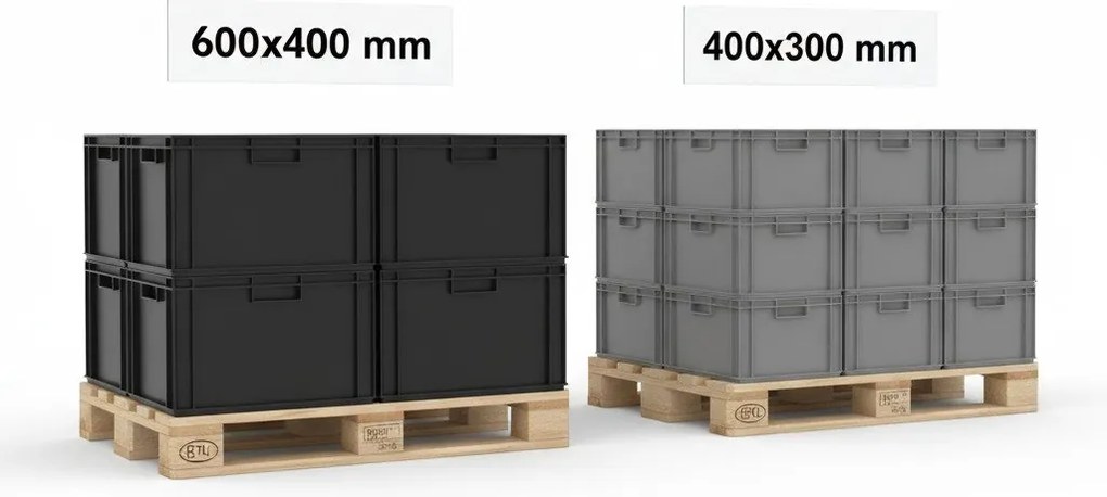 Balenie plastových euro prepraviek UNISTA s otvorenými úchytmi