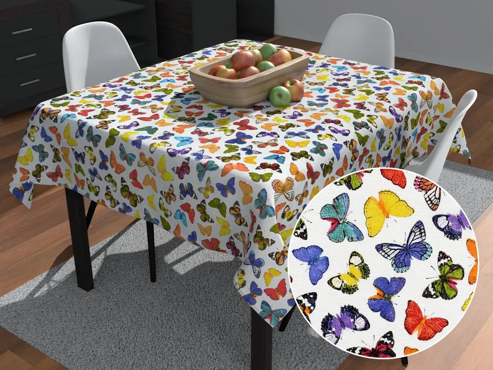 Biante Dekoračný štvorcový obrus Leona LN-062 Farebné motýliky na bielom 130x130 cm